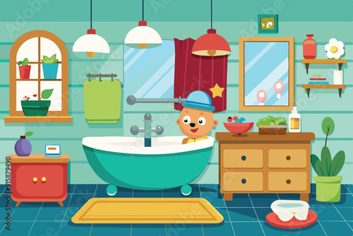 A cheerful character enjoys bath time in a colorful bathroom, surrounded by plants, a mirror, and decorative elements that enhance the cozy atmosphere