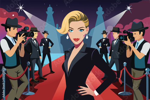 A stunning star poses confidently on the red carpet, with paparazzi capturing moments amidst bright lights and a glamorous backdrop