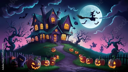 an enchanting Halloween scene with a haunted house on a hill, glowing jack-o'-lanterns, twisted trees, playful ghosts, a full moon, a witch on a broomstick, and eerie yet vibrant colors photo