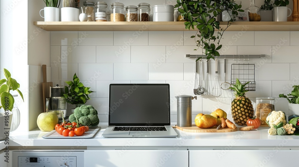 A simple clean white kitchen, on the counter is a laptop and a few gluten-free grains, fruits and vegetables. Generative AI. A simple clean white kitchen, on the counter is a laptop and a few gluten-free grains, fruits and vegetables. Generative AI.
