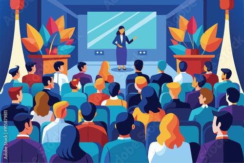 A speaker captivates an audience during a conference presentation in a vibrant setting filled with greenery