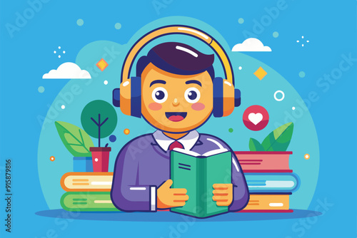 A cheerful boy enjoys an audiobook while sitting among vibrant plants and stacked books, immersed in a world of stories and imagination