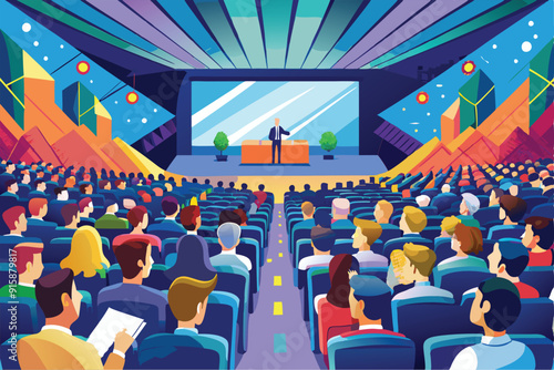 A large audience attentively listens to a speaker presenting at a conference in a colorful venue designed for motivation and engagement