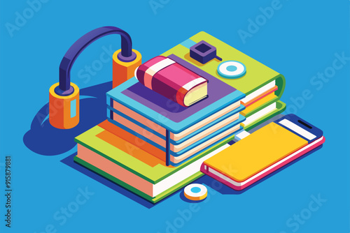 A collection of colorful books, a smartphone, and headphones creates a lively portrayal of a modern customizable audiobook experience