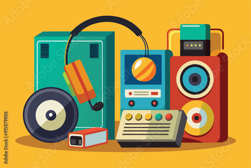 A vibrant arrangement of audio devices, including a sound box and headphones, set on a cheerful, bright background, showcasing retro and modern designs