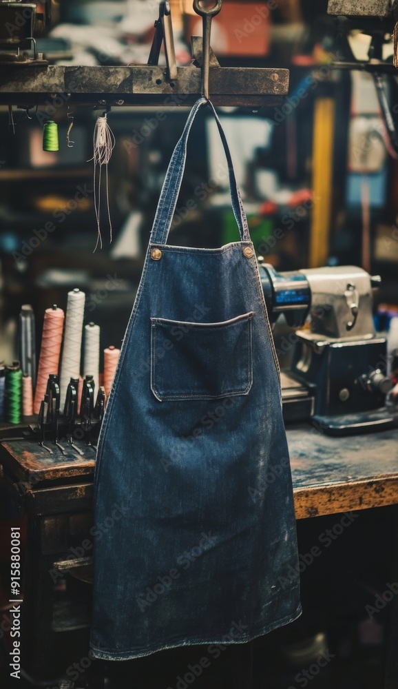 Naklejka premium Cowboy Apron in a Sewing Workshop: A Rustic Charm with Sewing Machines and Spools of Thread, Evoking the Essence of Craftsmanship