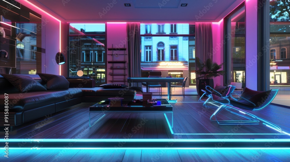 Modern Apartment Interior with Neon Lighting Modern Apartment Interior with Neon Lighting