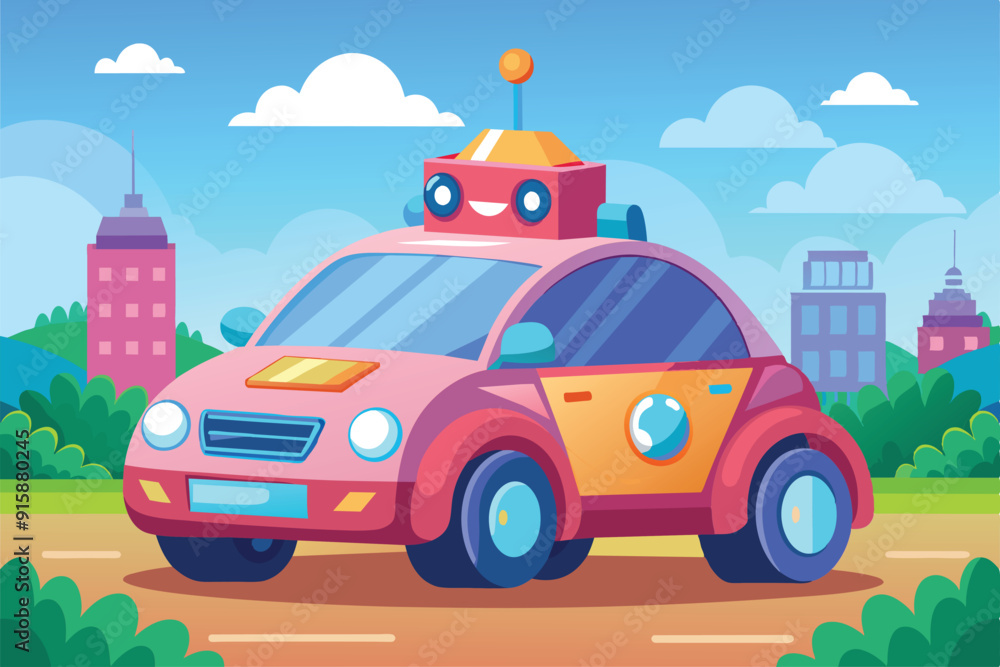 A cheerful autonomous car with a playful design is parked in a lively urban park surrounded by tall buildings under a bright blue sky A cheerful autonomous car with a playful design is parked in a lively urban park surrounded by tall buildings under a bright blue sky