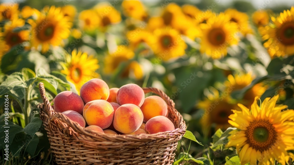 Basket of Peaches in a Sunflower Field Basket of Peaches in a Sunflower Field