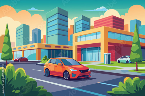 A bright orange car maneuvers through a modern parking lot surrounded by tall, colorful buildings in a bustling urban setting