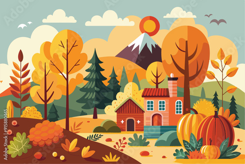 A cozy house nestled among colorful trees and rolling hills under a bright sun in a peaceful autumn landscape full of vibrancy