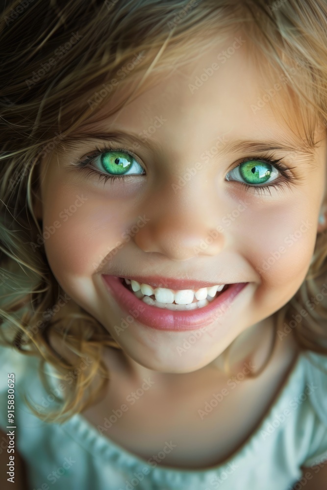 Happy smiling little girl with green eyes and blonde hair. Cute child with beautiful face looking into camera close-up portrait Happy smiling little girl with green eyes and blonde hair. Cute child with beautiful face looking into camera close-up portrait