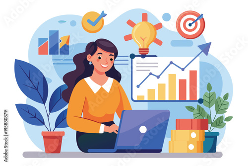A woman evaluates business growth metrics using a laptop in a vibrant office filled with charts and plants