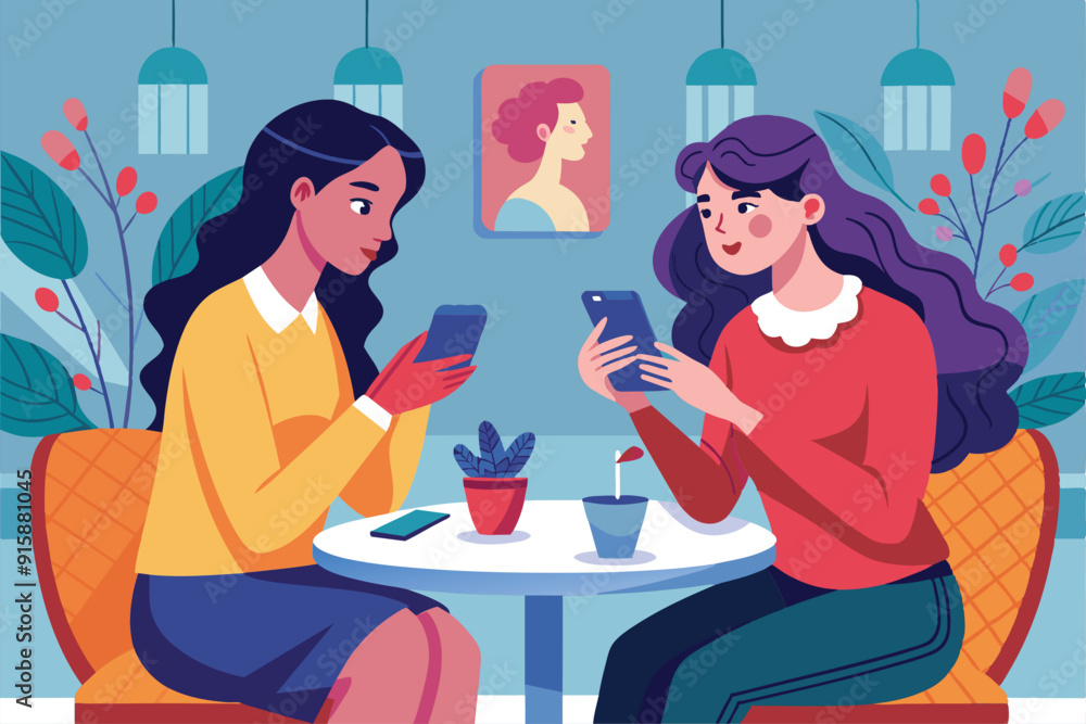 Two women are chatting on their phones at a cafe, enjoying their time together in a cozy setting filled with plants Two women are chatting on their phones at a cafe, enjoying their time together in a cozy setting filled with plants
