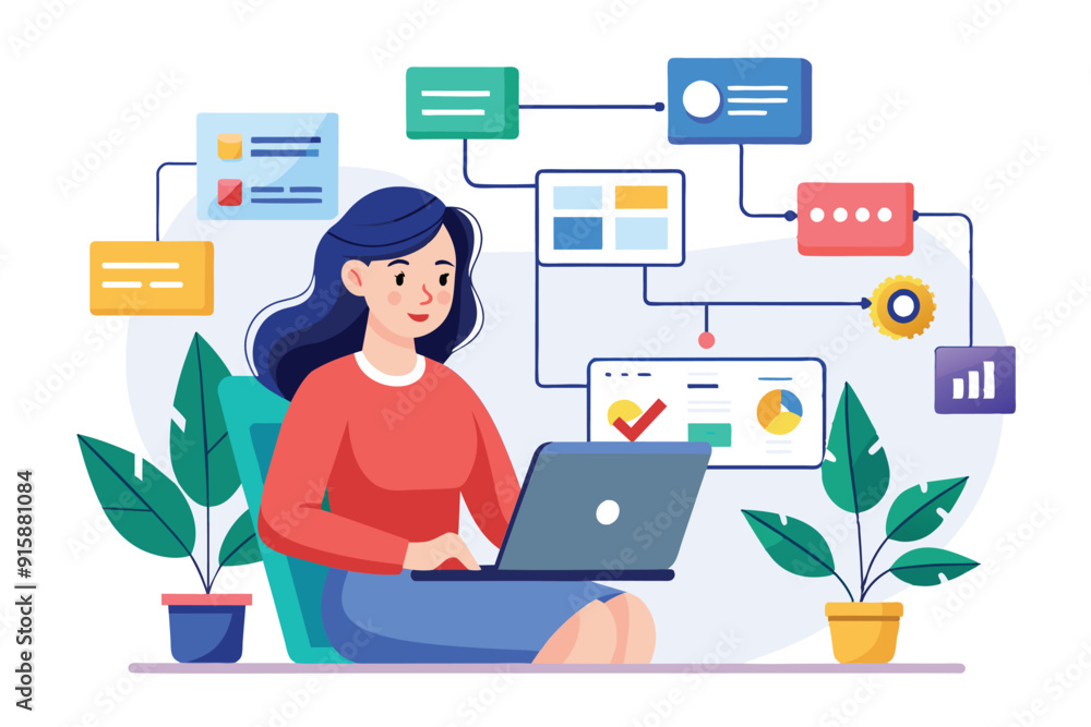 A woman focuses on designing a flowchart for website creation, utilizing a laptop in a bright workspace featuring decorative plants A woman focuses on designing a flowchart for website creation, utilizing a laptop in a bright workspace featuring decorative plants