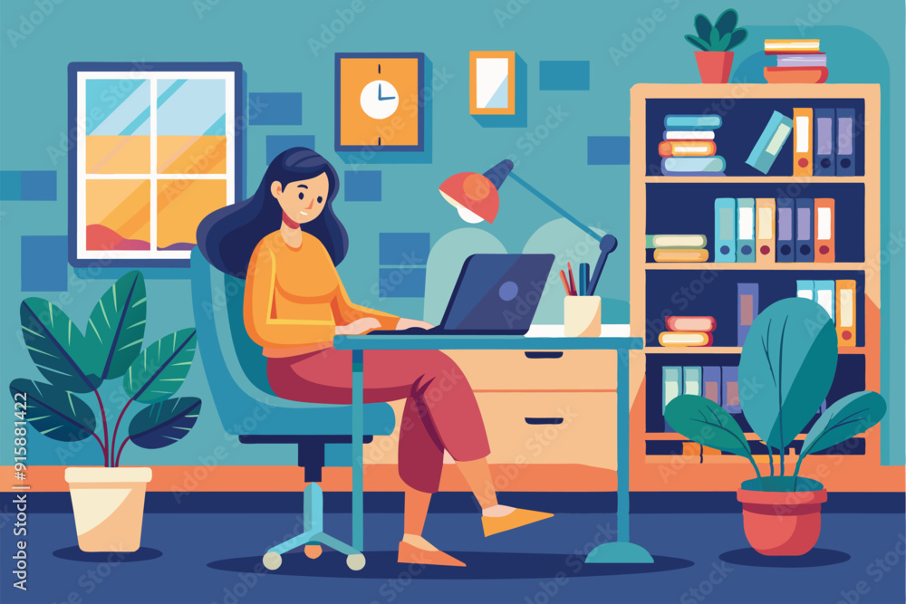 A woman sits comfortably at a desk in her study, focused on her laptop while surrounded by plants and bookshelves filled with items A woman sits comfortably at a desk in her study, focused on her laptop while surrounded by plants and bookshelves filled with items