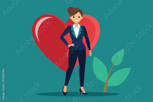A confident woman in a suit stands beside a large heart, accompanied by a green plant, radiating positivity and professionalism