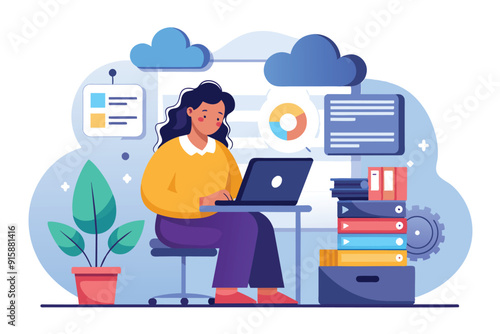 A woman is focused on entering data into cloud storage while seated at her desk with various organizational items nearby