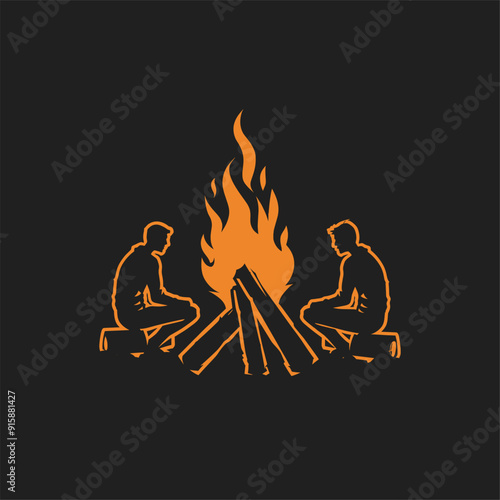 Minimalistic logo of three people sitting around a bonfire, silhouetted against a black background with an orange flame.
