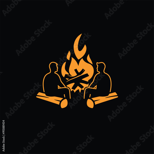 Minimalistic logo of three people sitting around a bonfire, silhouetted against a black background with an orange flame.
