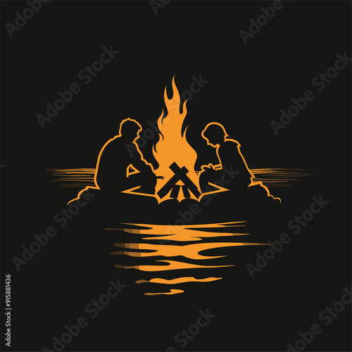 Minimalistic logo of three people sitting around a bonfire, silhouetted against a black background with an orange flame.
