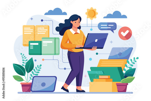 A woman is diligently inputting data files into a folder while managing her workspace filled with plants and digital tools