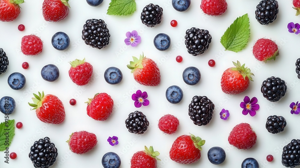 4K Berries including strawberries, blueberries, and blackberries with edible flowers on a white background, high resolution, 4K Berries including strawberries, blueberries, and blackberries with edible flowers on a white background, high resolution,