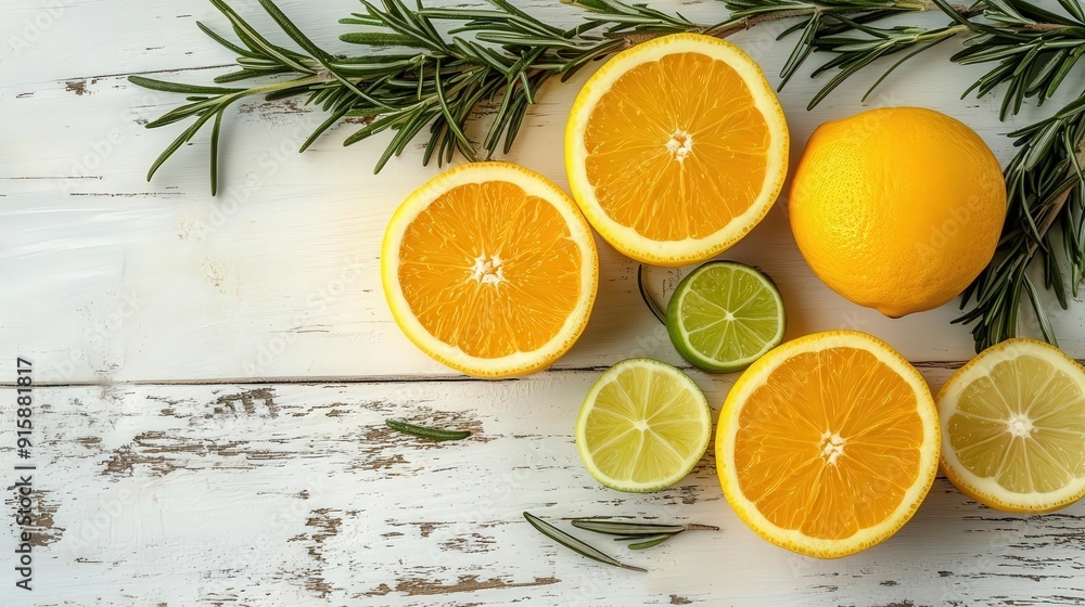 4K Citrus fruits like lemons, oranges, and limes with rosemary sprigs on a white wooden background, high resolution, 4K Citrus fruits like lemons, oranges, and limes with rosemary sprigs on a white wooden background, high resolution,