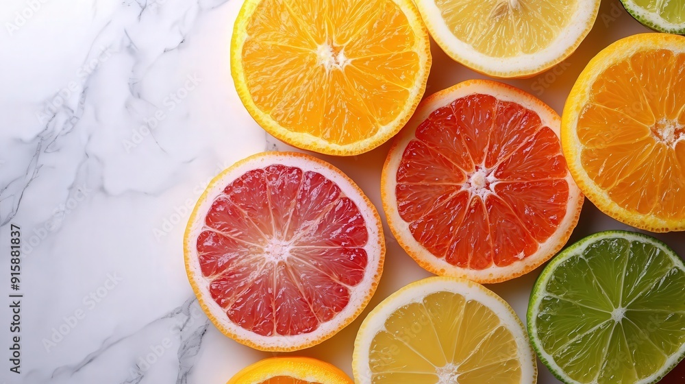 Fototapeta premium 4K Citrus fruits like oranges, lemons, and limes sliced and displayed on a white marble background, high resolution,