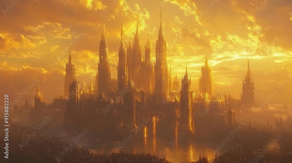 Fototapeta premium A high-resolution 4K epic scene of a golden city at sunset, with towering golden buildings and intricate architecture, glowing in the golden light,