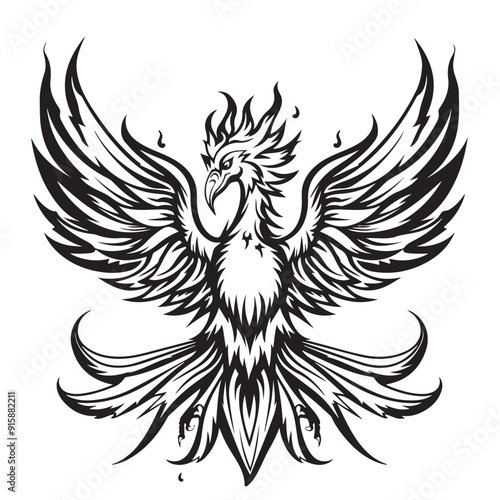 Abstract Phoenix Outline Bird Curve Portrait. Line Drawn Phoenix Fantasy Bird Sketch Silhouette Logo. Line Drawn Editable Magic Mascot Bird Portrait isolated on White Background