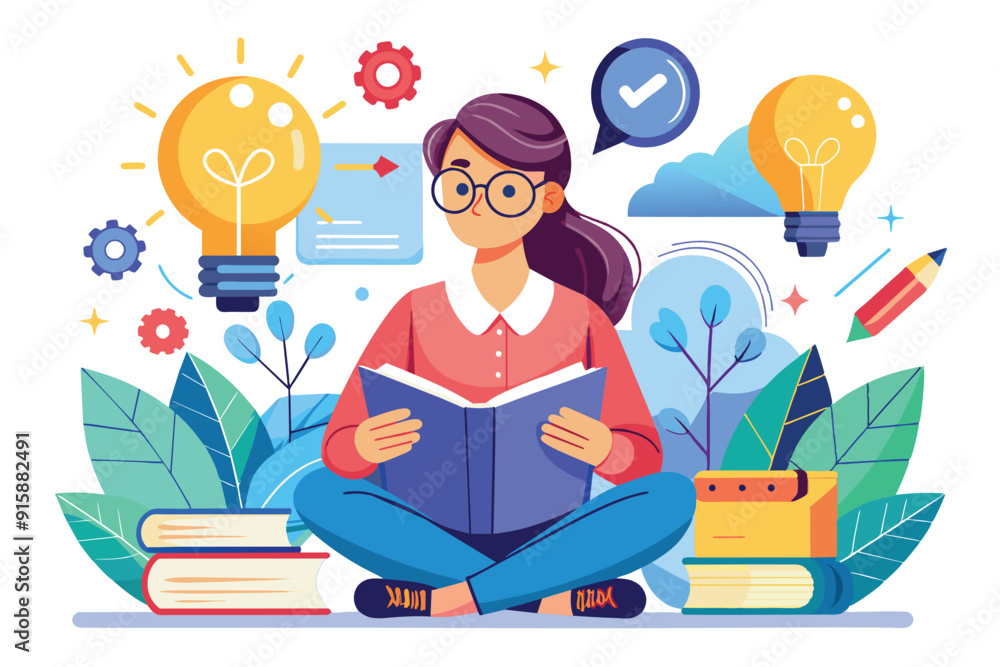 A woman reads intently, surrounded by books, plants, and illustrations of light bulbs symbolizing innovative ideas and inspiration A woman reads intently, surrounded by books, plants, and illustrations of light bulbs symbolizing innovative ideas and inspiration