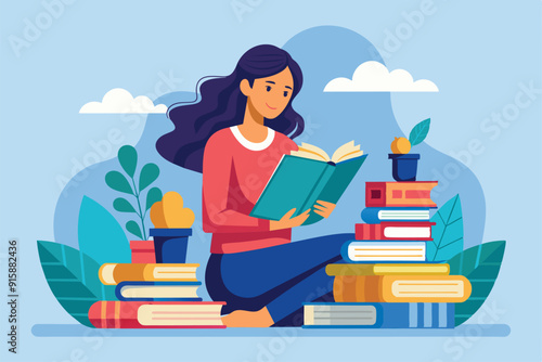 A woman sits on the ground, engrossed in a book, surrounded by stacks of colorful books and plants under a bright sky