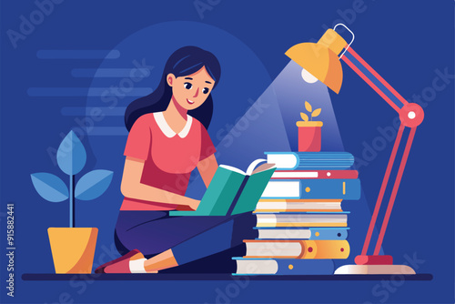 A woman sits on the floor, absorbed in a book, surrounded by a towering stack of books and a warm lamp in her study