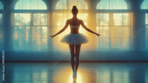 Ballerina Performing Ballet Pose in Dance Studio with Sunlit Windows for Graceful and Artistic Photography Themes photo