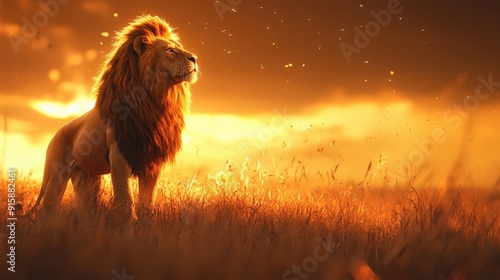 A high-resolution 4K image of a golden lion standing proudly on a golden hill, bathed in golden light,