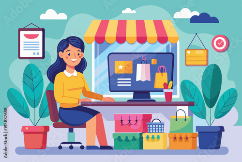 A woman is happily shopping online at her desk, surrounded by colorful shopping bags and plants in a bright and inviting workspace