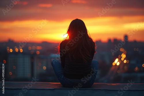 A woman sitting on a rooftop at sunset, feeling the weight of unspoken words. photo