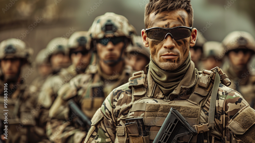 A modern soldier training with a group of recruits A modern soldier training with a group of recruits