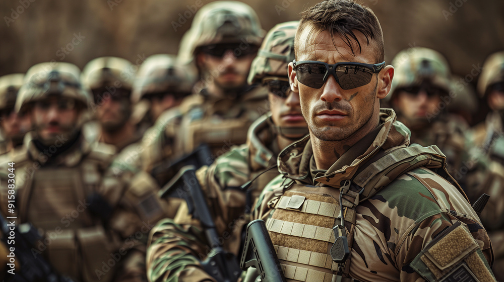A modern soldier training with a group of recruits A modern soldier training with a group of recruits