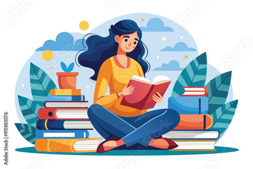 A woman sits on a stack of books, deeply engrossed in reading under a clear blue sky surrounded by vibrant greenery