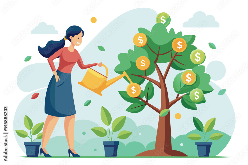 A woman joyfully waters a money tree, nurturing her investment in a vibrant garden filled with green plants and sunny skies A woman joyfully waters a money tree, nurturing her investment in a vibrant garden filled with green plants and sunny skies