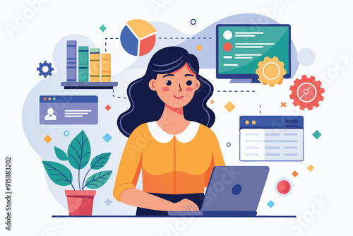 A woman works on her laptop, surrounded by digital tools and graphics related to website hosting, showcasing a productive workspace environment