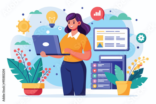 A woman works on her laptop, engaging in website hosting while surrounded by colorful plants and creative design elements