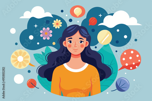 A woman expresses her creativity as she imagines various colorful ideas represented by flowers, bubbles, and clouds around her