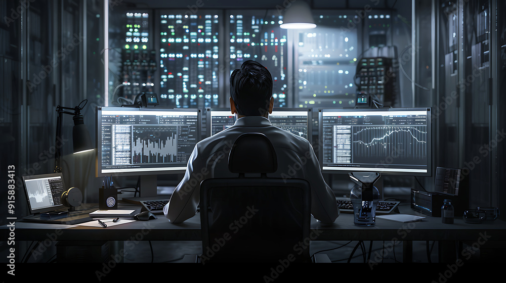 A male IT worker sits at his desk in front of computer monitors and looking computer screen, seen from behind and looking over the of an AI system that processes data on monitor displaying code
A male IT worker sits at his desk in front of computer monitors and looking computer screen, seen from behind and looking over the of an AI system that processes data on monitor displaying code