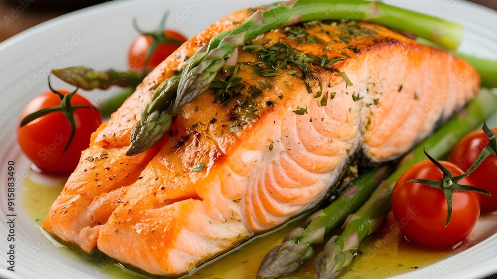 A plated dish of baked salmon cooked to perfection with a golden crust. A plated dish of baked salmon cooked to perfection with a golden crust.