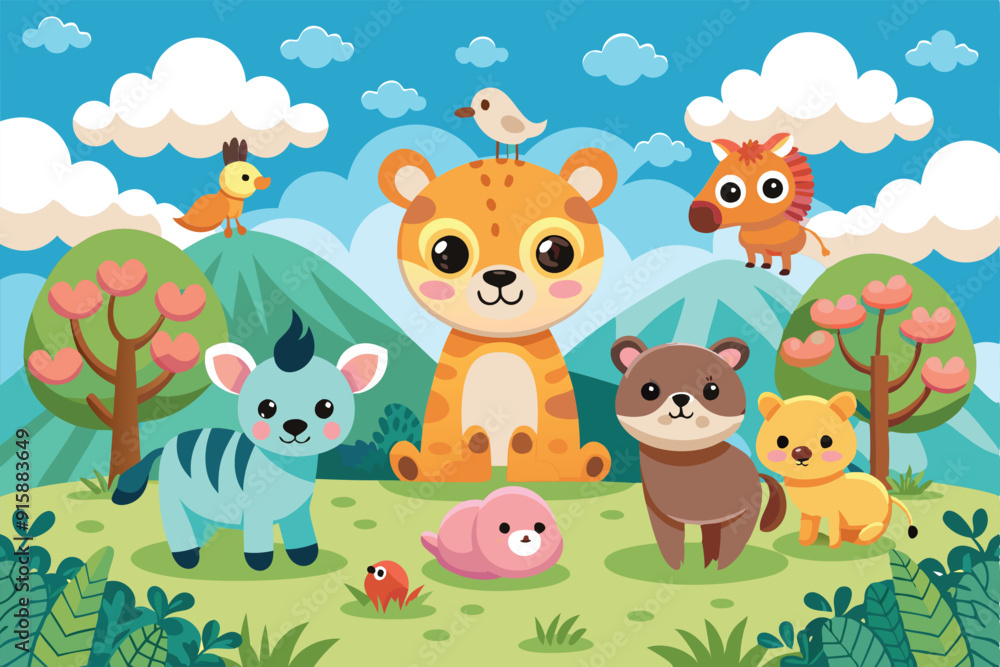 Naklejka premium A cheerful gathering of adorable baby animals enjoying their time in a vibrant landscape filled with green hills and fluffy clouds