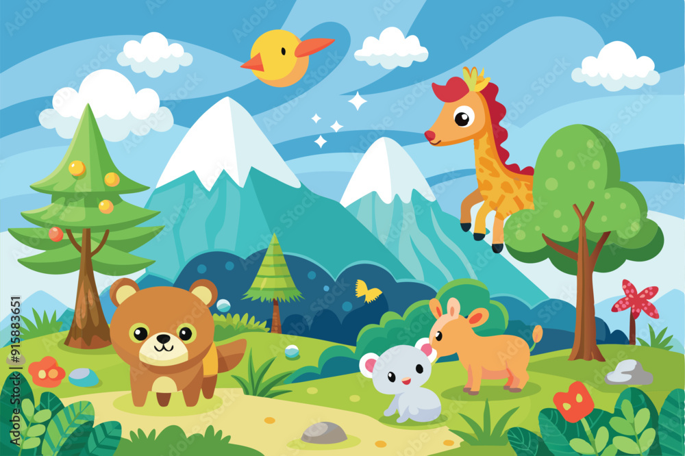 Naklejka premium Adorable baby animals frolic in a vibrant landscape filled with trees, mountains, and fluffy clouds beneath a cheerful blue sky