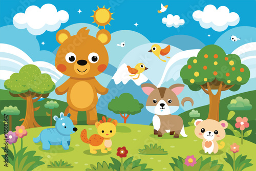 Colorful baby animals frolic in a vibrant landscape filled with trees, flowers, and cheerful clouds under a sunny sky